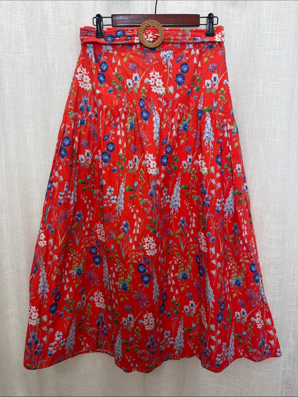 Olivia James The Label Red Floral A-Line Midi Skirt Size Medium